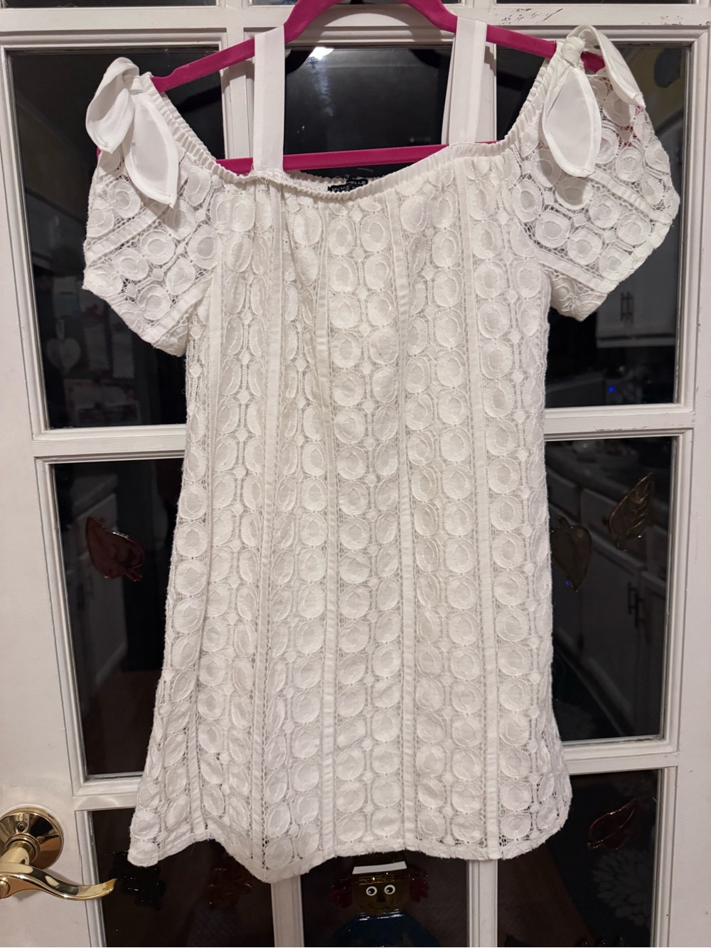 My Michelle Cream Lace Off-Shoulder Tie-Sleeve Dress
